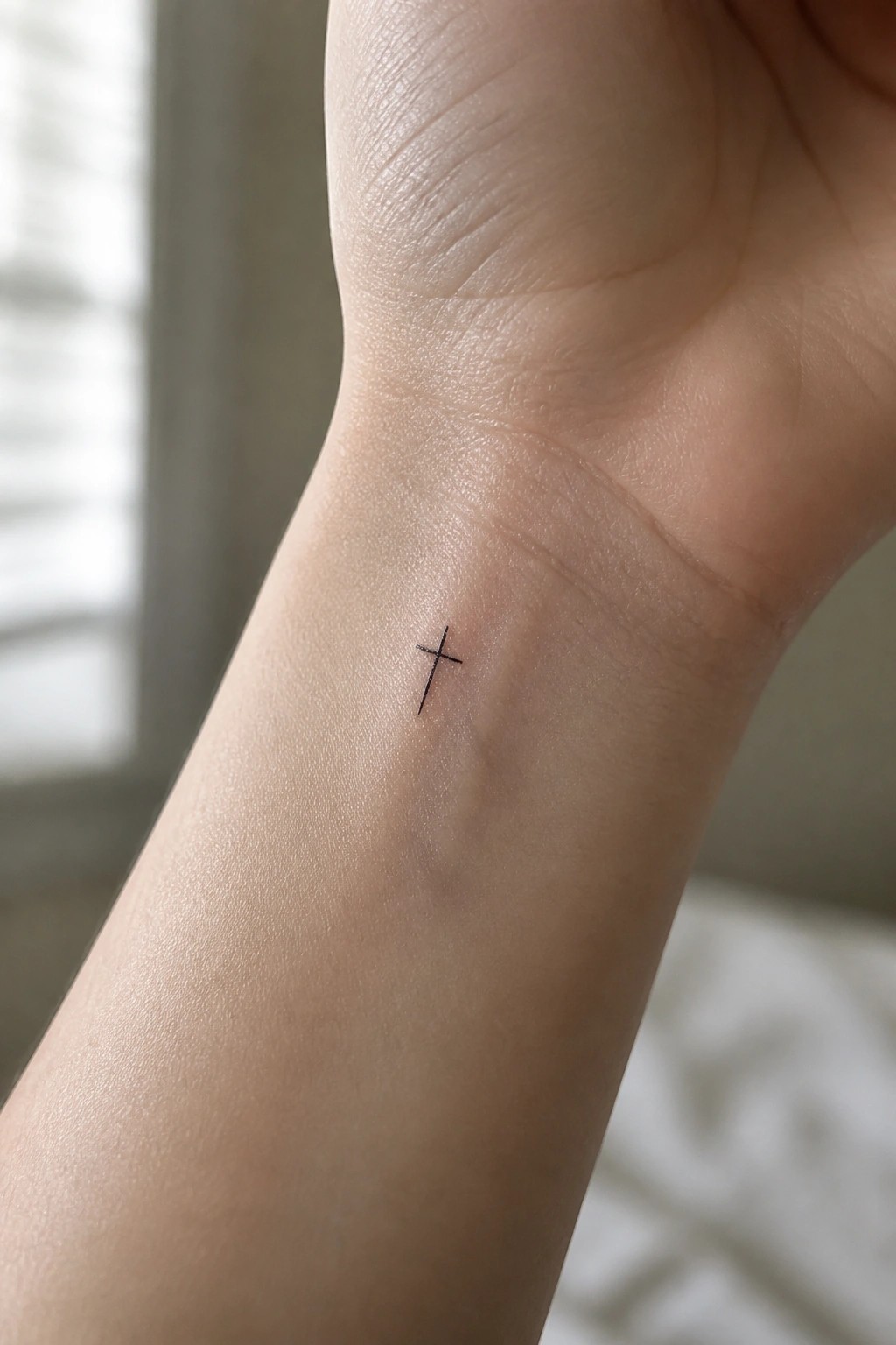 Close-up of small black cross tattoo on light-skinned wrist.