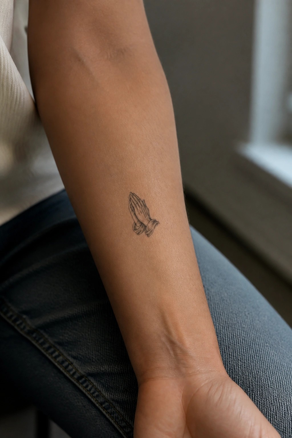 Praying hands tattoo on forearm resting above blue denim jeans.