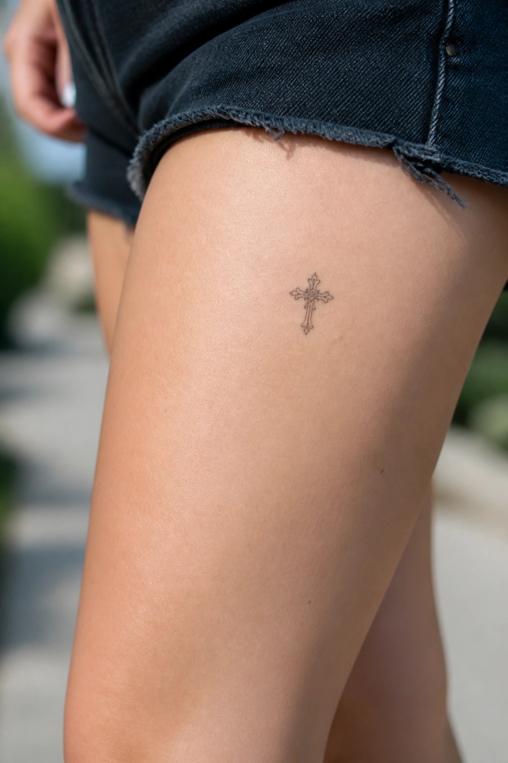Small ornate cross tattoo in black ink on the upper thigh below frayed denim shorts.