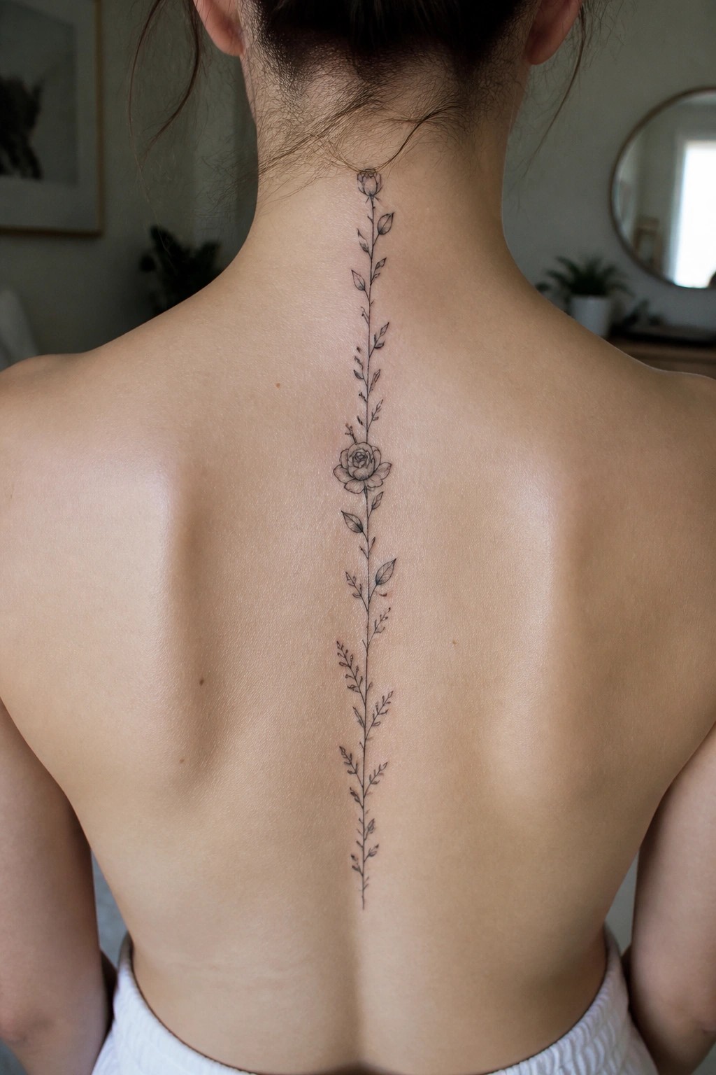 Fine line rose vine tattoo running vertically down a woman's spine with leaves and a central bloom in black ink.