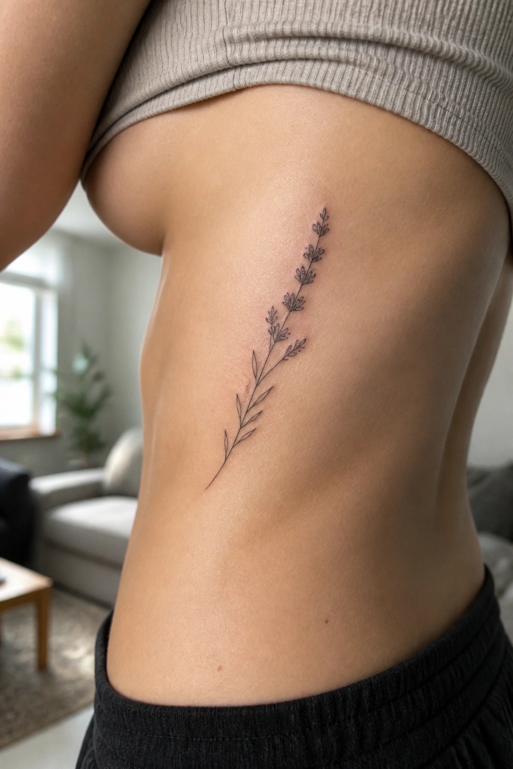 Fine-line botanical stem tattoo on midriff beside light gray crop top