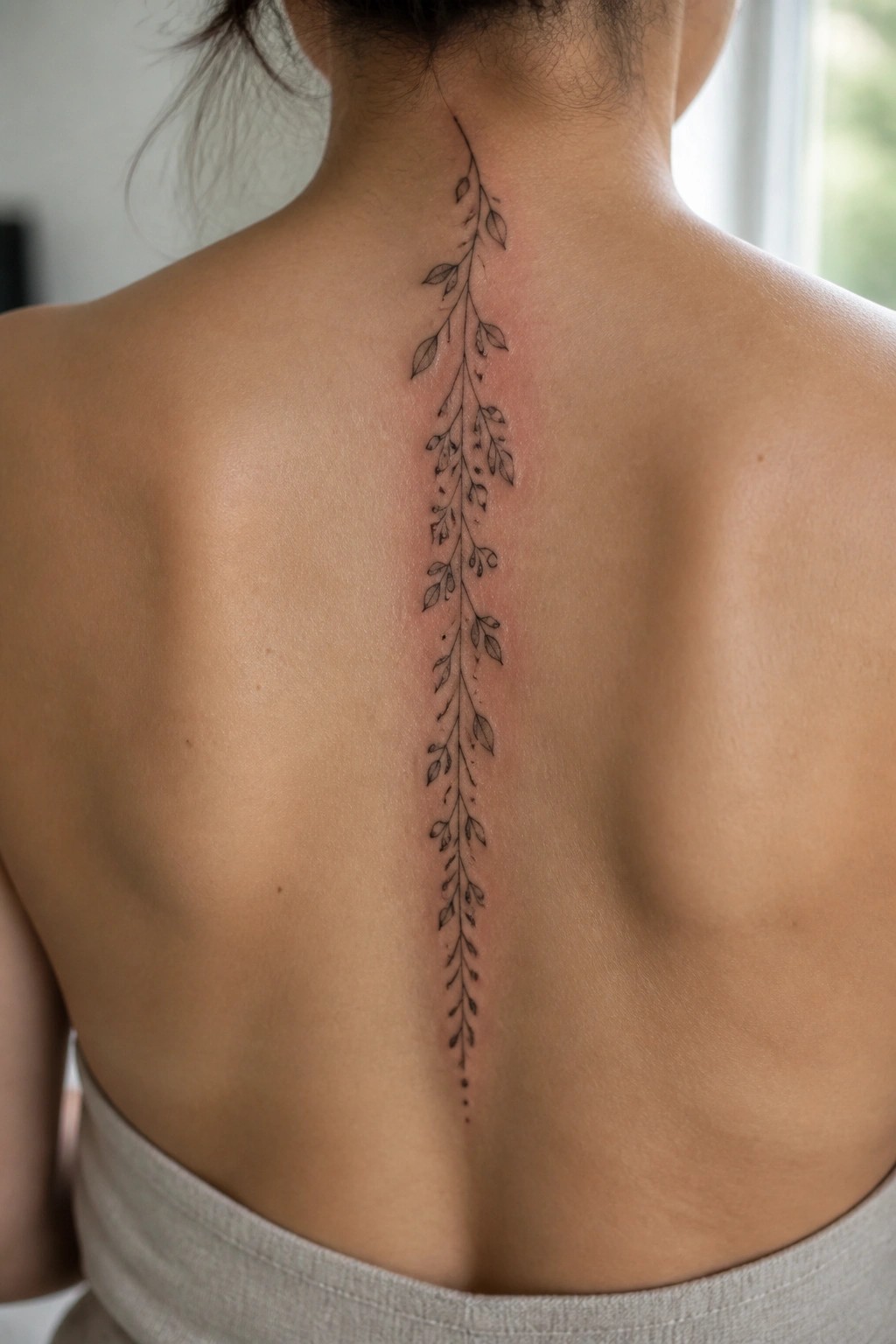 Long black vine tattoo with leaves down a bare back spine