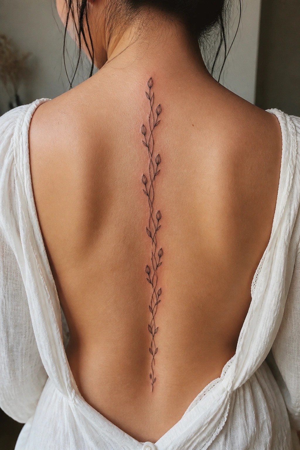 Woman's back with long floral vine tattoo down spine in white open-back top.