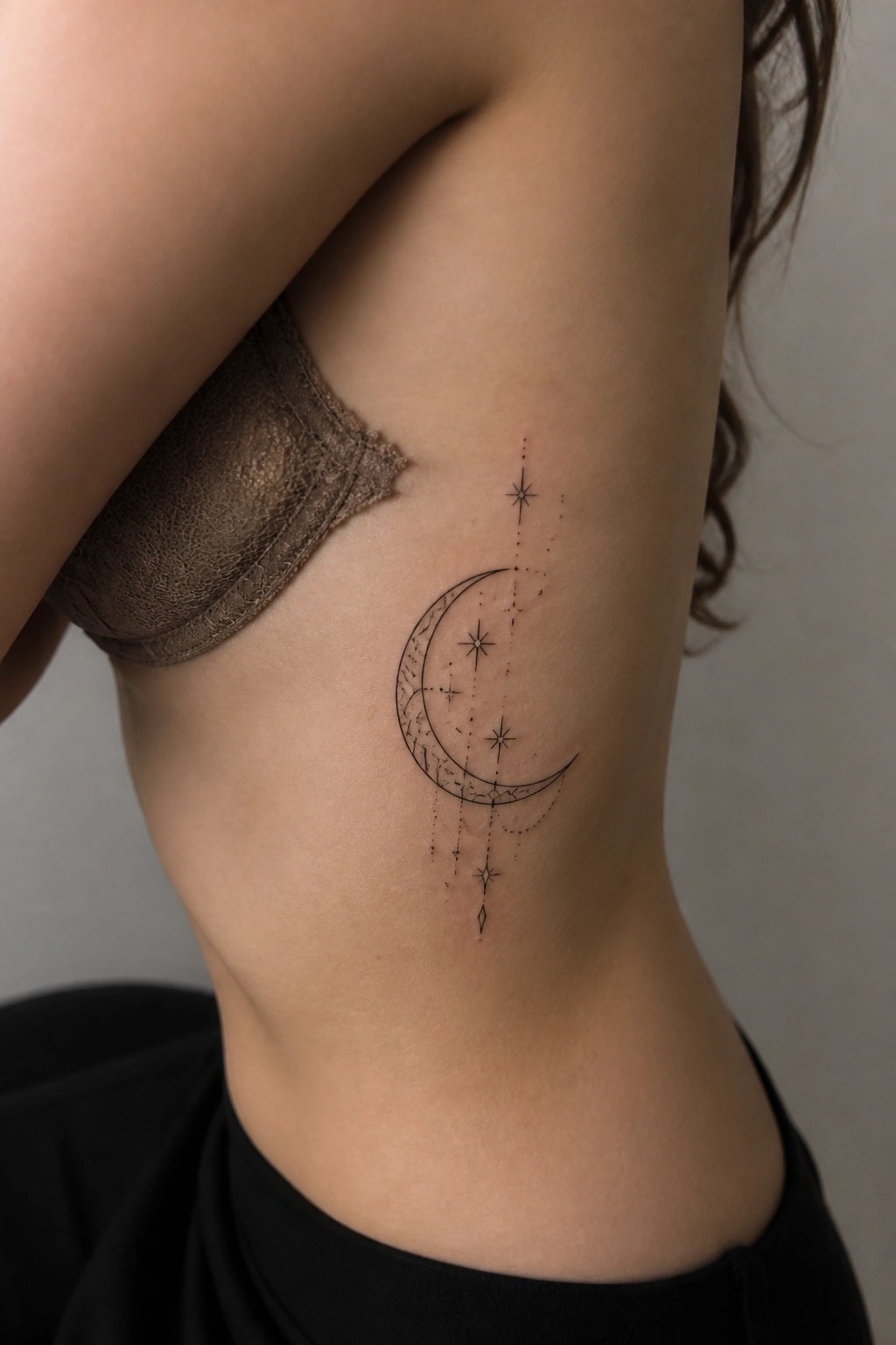 Crescent moon and stars tattoo on ribcage beside brown lace bra