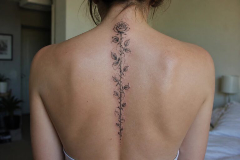 24 Unique Spine and Rib Tattoos for Women Using Elegant Fine Line Designs Fine line rose vine tattoo running vertically down a woman's spine with leaves and a central bloom in black ink.