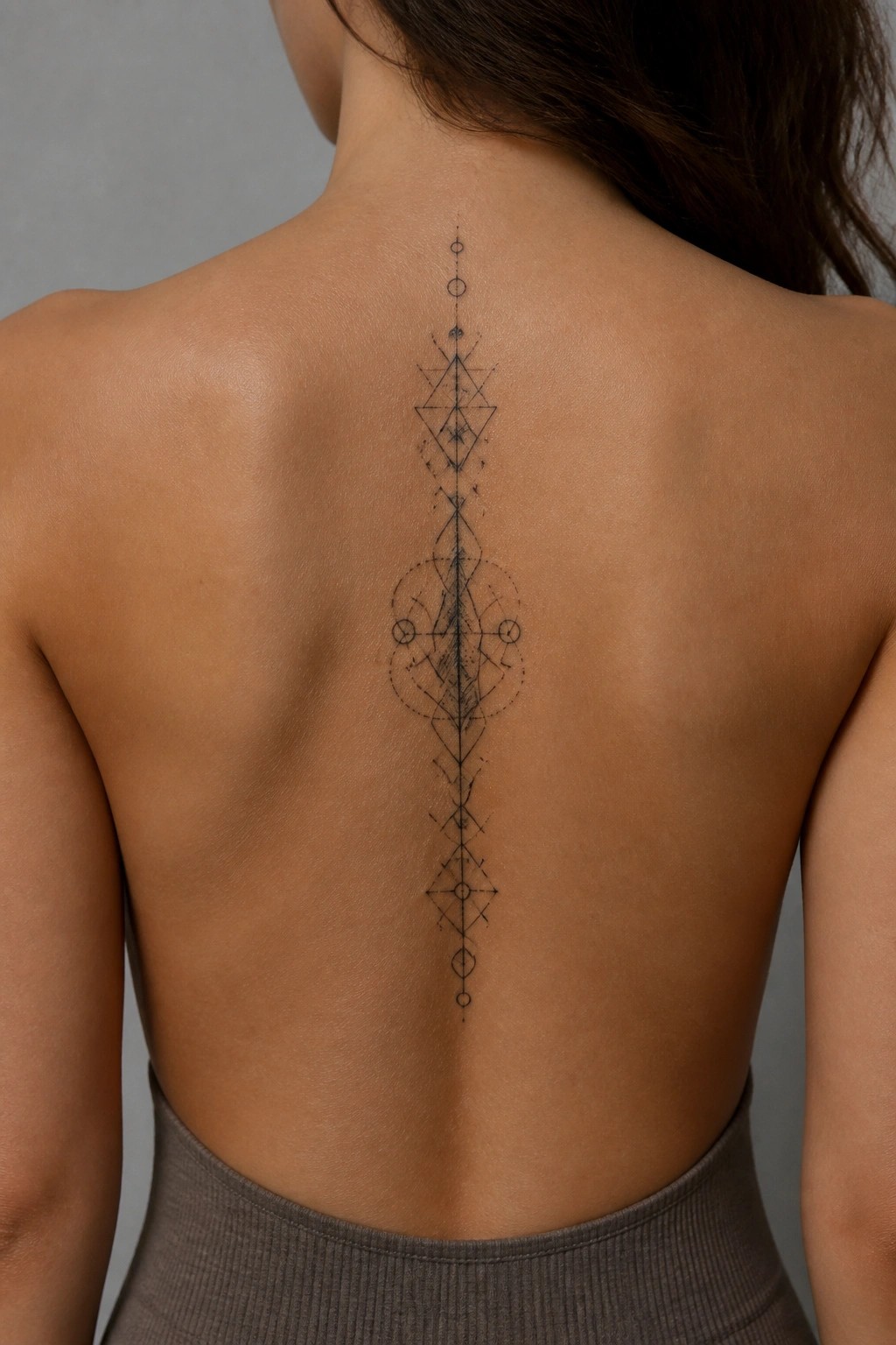 Woman's bare back with intricate geometric tattoo along spine, gray ribbed top below