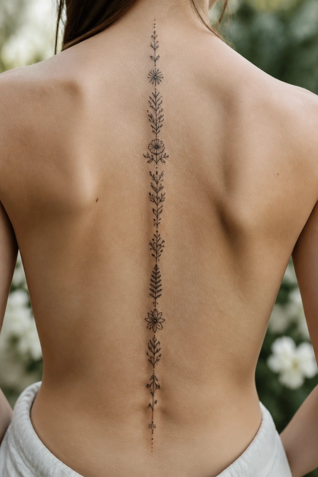 Woman's bare back with delicate black floral spine tattoo above white towel