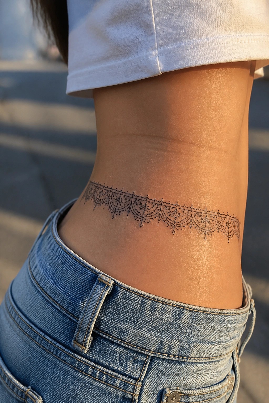 Delicate black lace tattoo around waist above blue denim jeans and white top