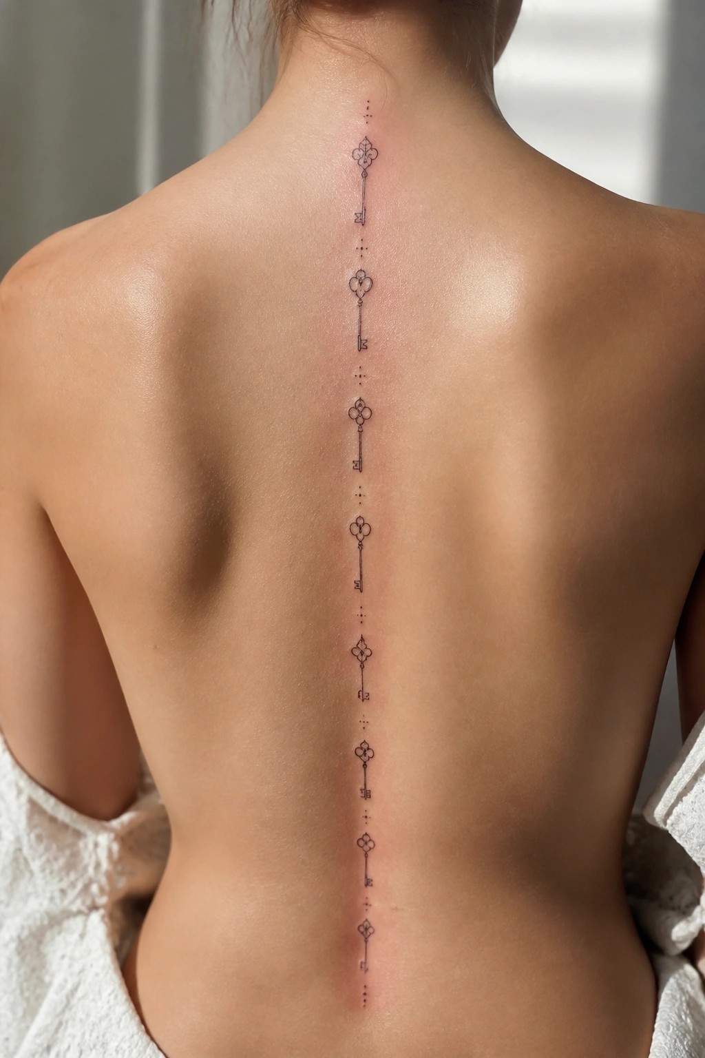 Vertical spine tattoo of ornate keys linked by dotted lines on bare back.