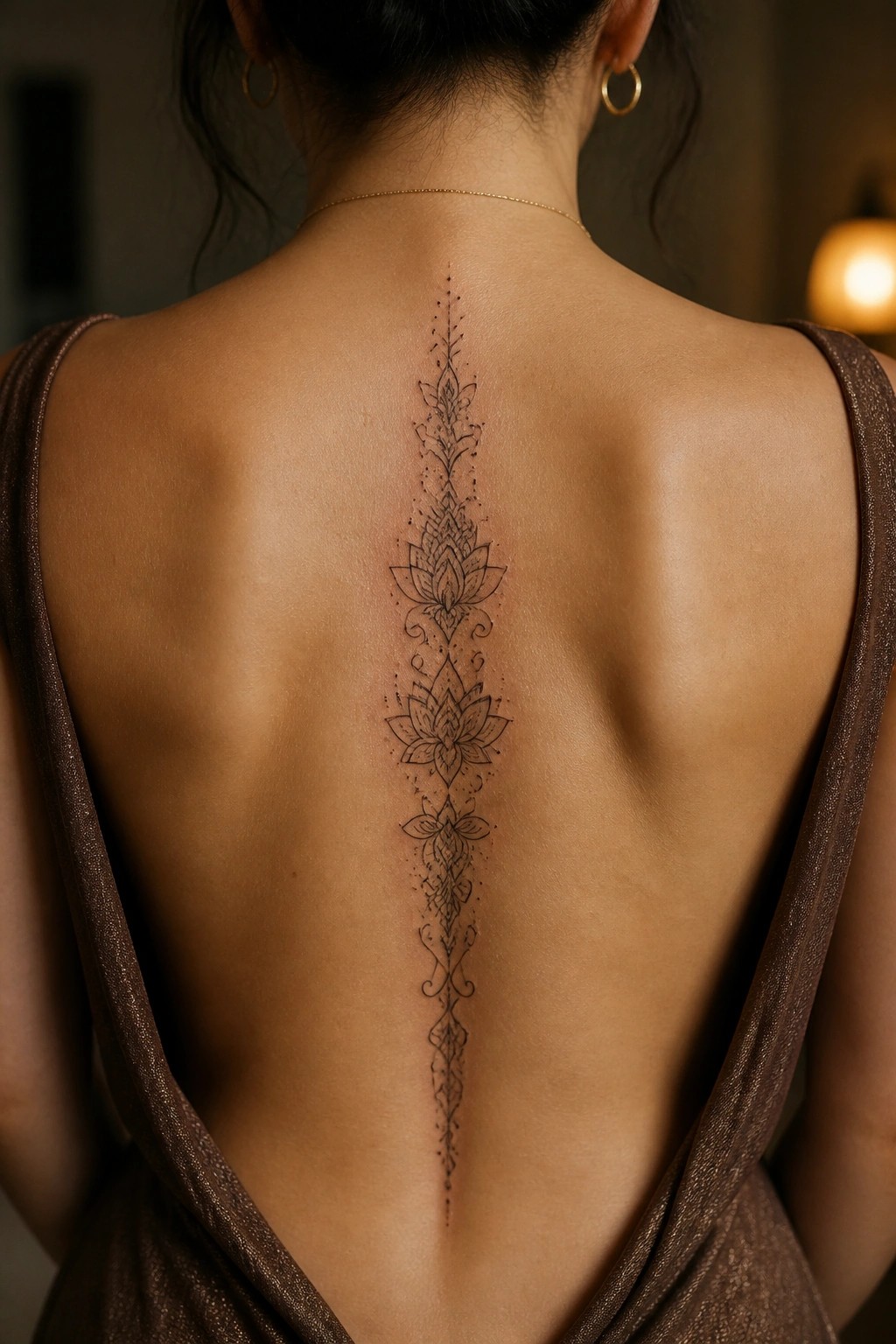 Intricate lotus tattoo down woman's spine in backless brown dress