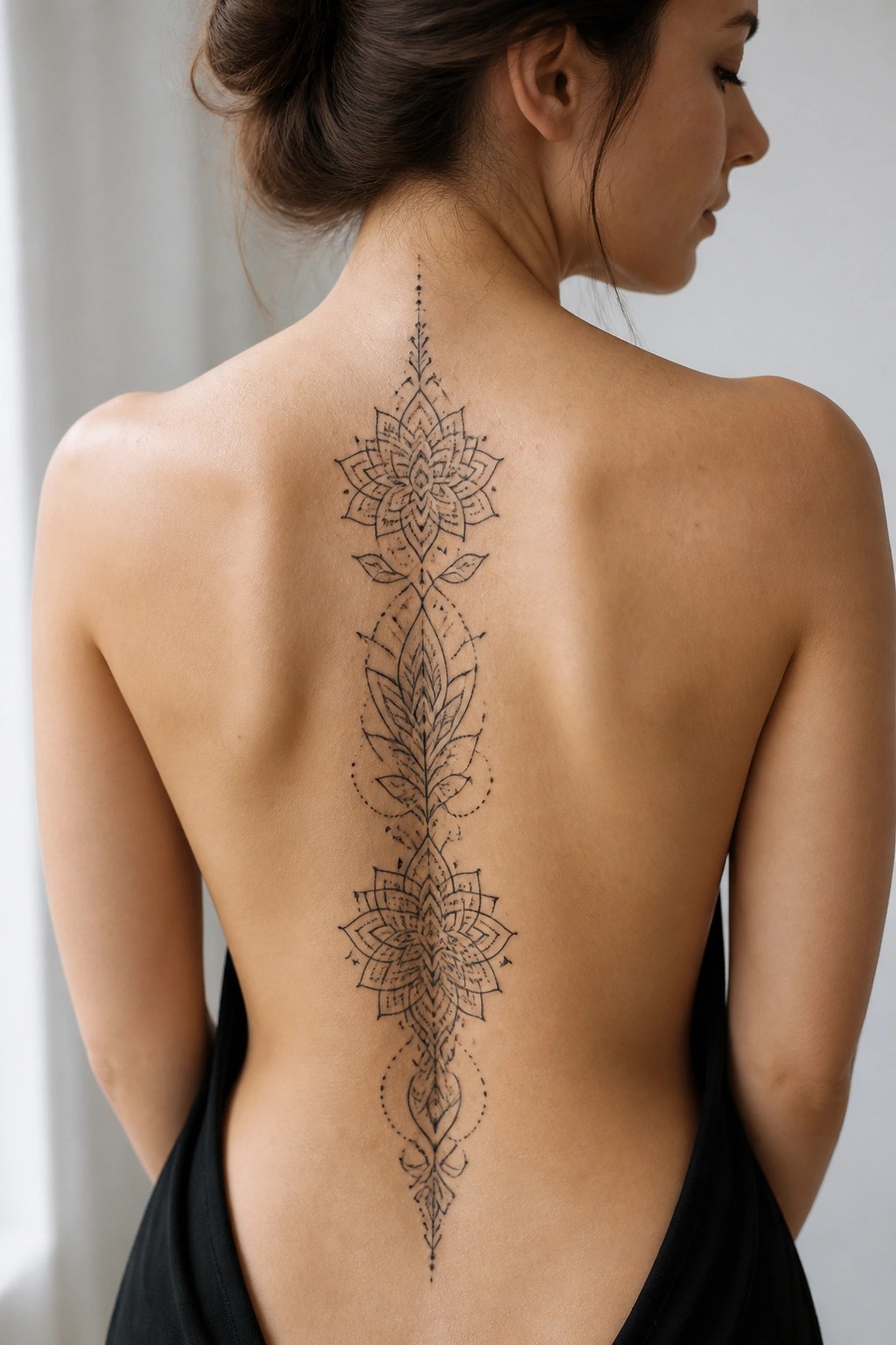 Woman's bare back with large intricate black mandala tattoo along spine, hair in bun.