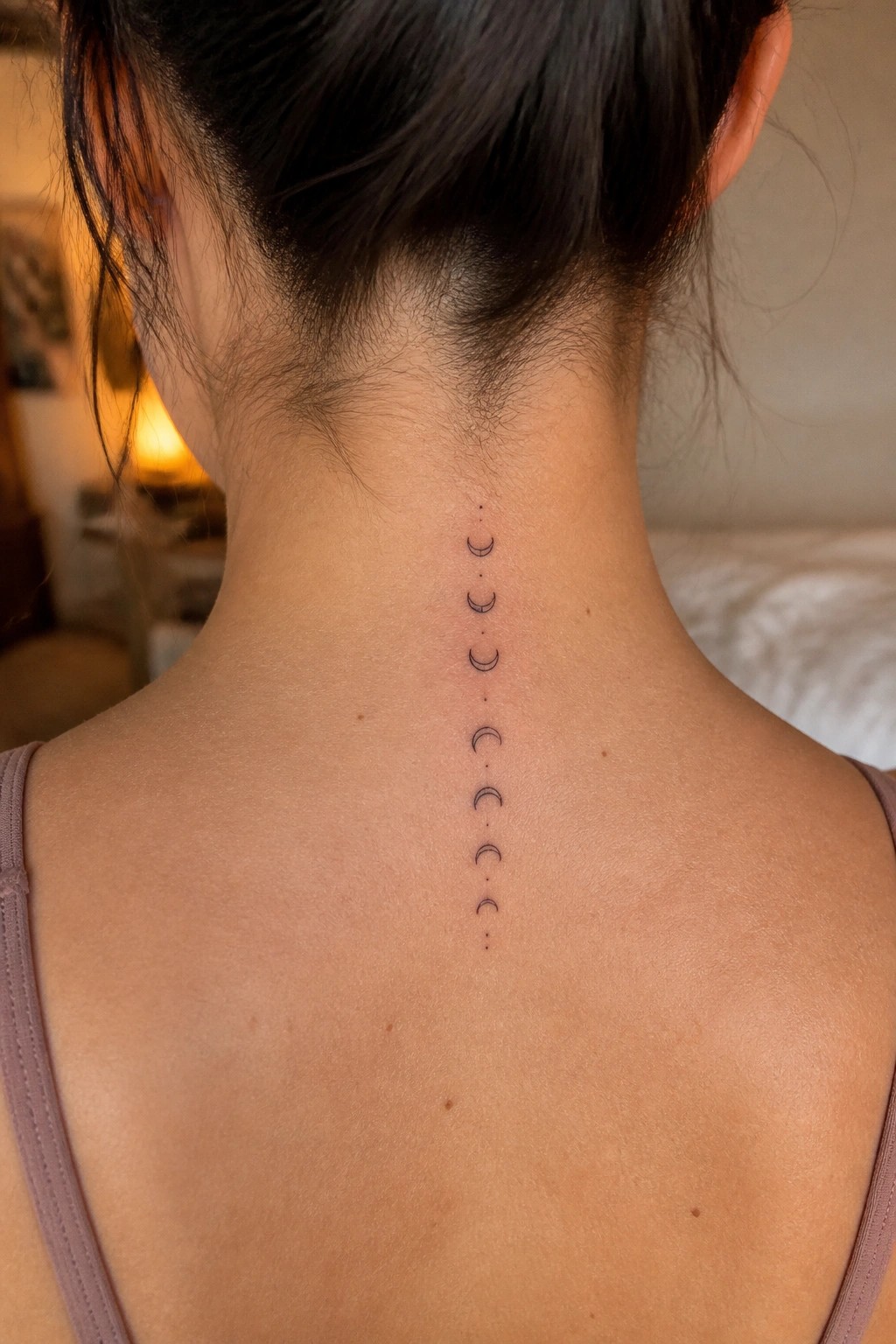 Fine line moon phases tattoo running vertically down a woman's upper spine.