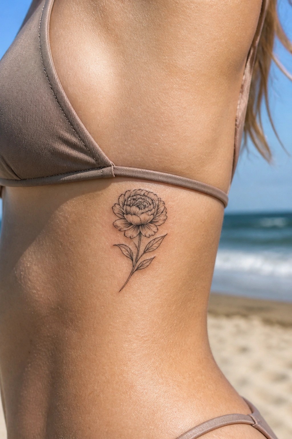 Tanned woman in beige bikini with black peony tattoo on ribs at sunny beach