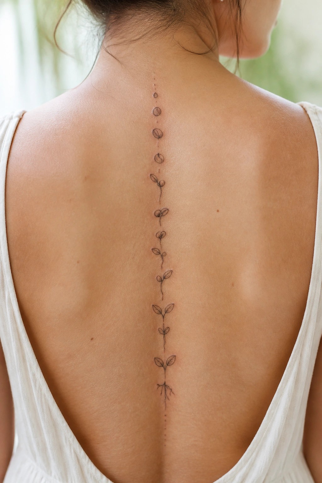 Woman's back with moon phases transforming into rooted plant spine tattoo, white low-back top