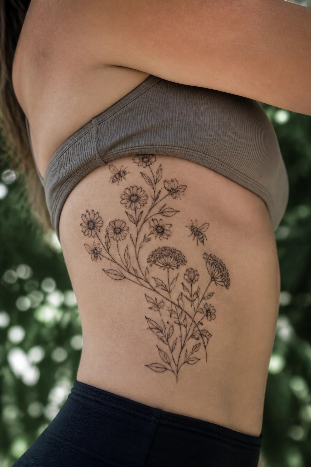 Fine line tattoo of wildflowers and bees on the side of a woman's torso near the ribs