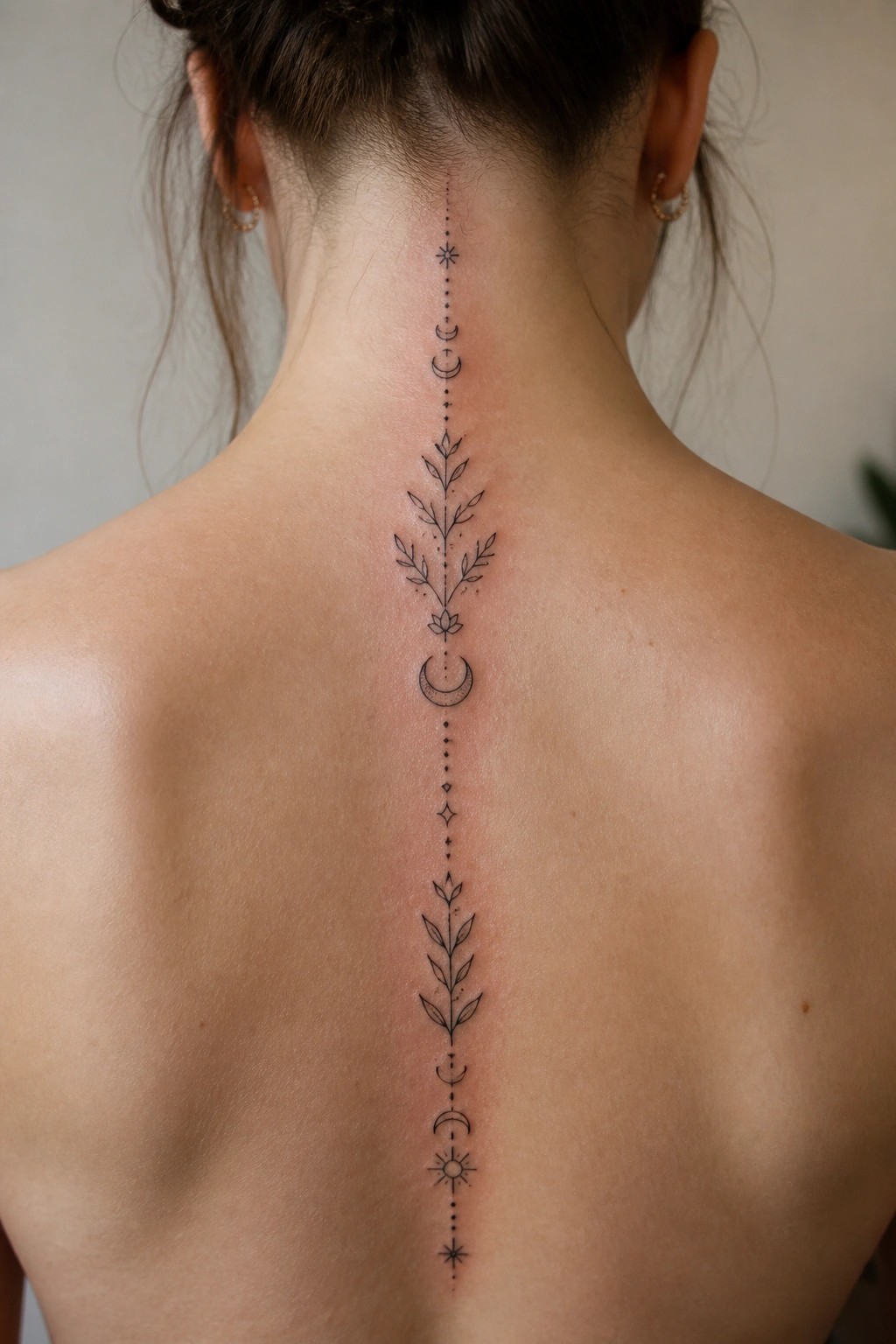 Fine line tattoo running vertically down a woman's spine with moon phases, dotted lines, leaf clusters, a lotus, and a sun.