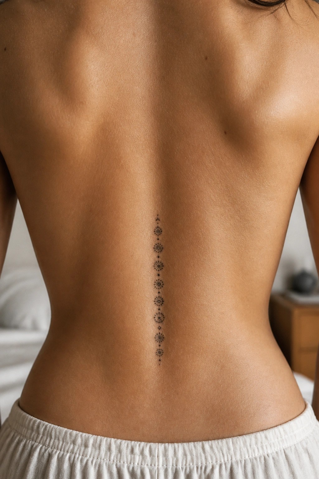 Vertical black mandala tattoo aligned down bare back above white clothing.