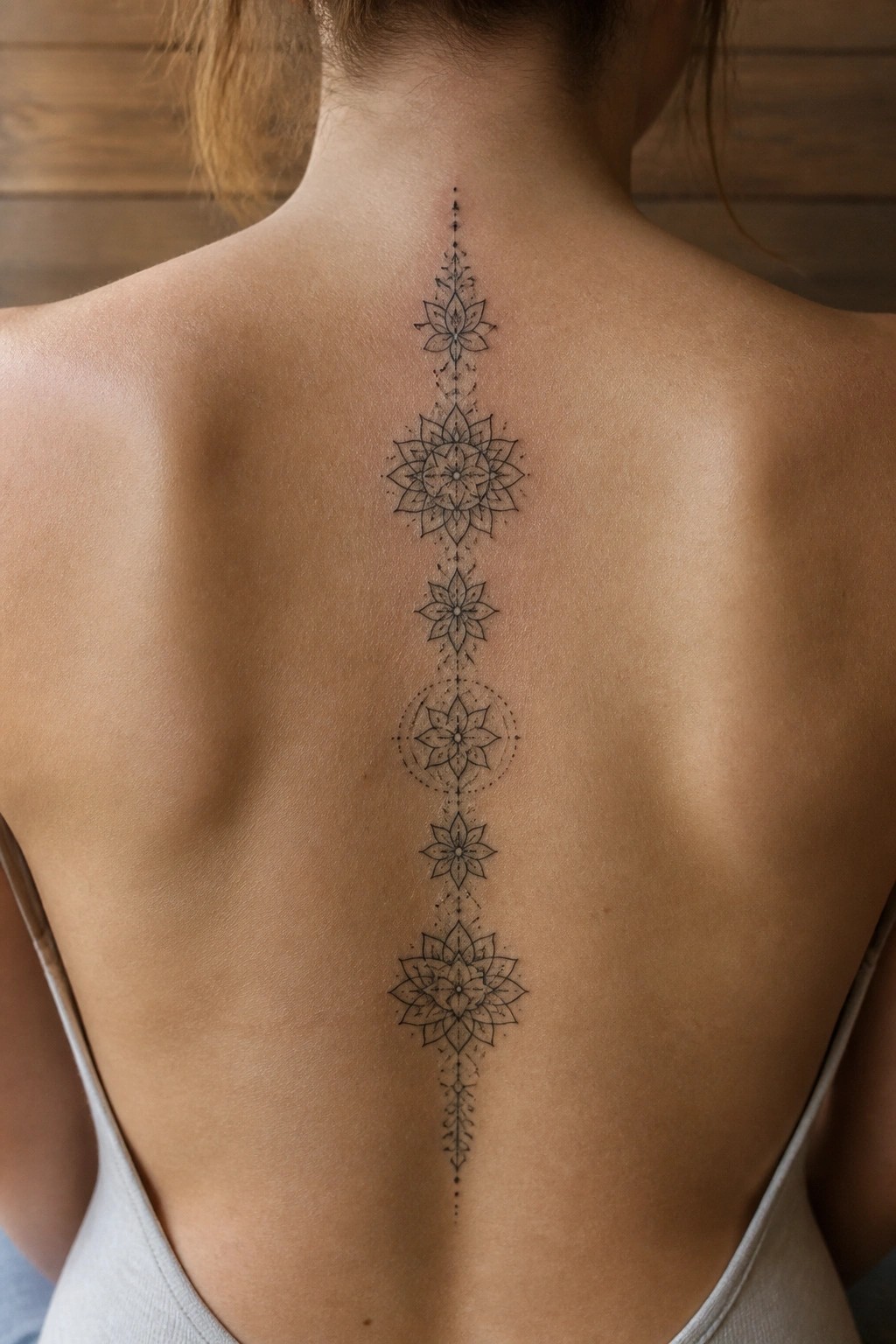 A vertical fine line spine tattoo made of stacked mandala designs running down a woman's back.