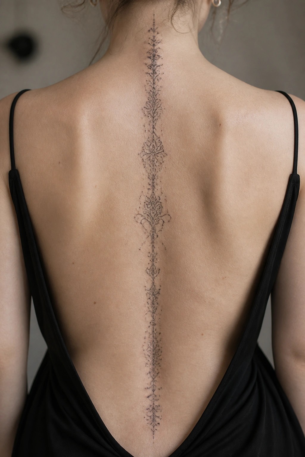 Woman's back with long intricate black spine tattoo in low-back dress