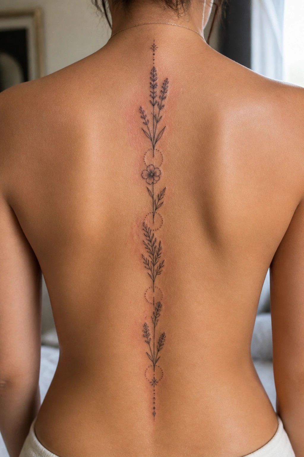 Person's back with vertical floral spine tattoo, leaves, circles, dots, and thin necklace.