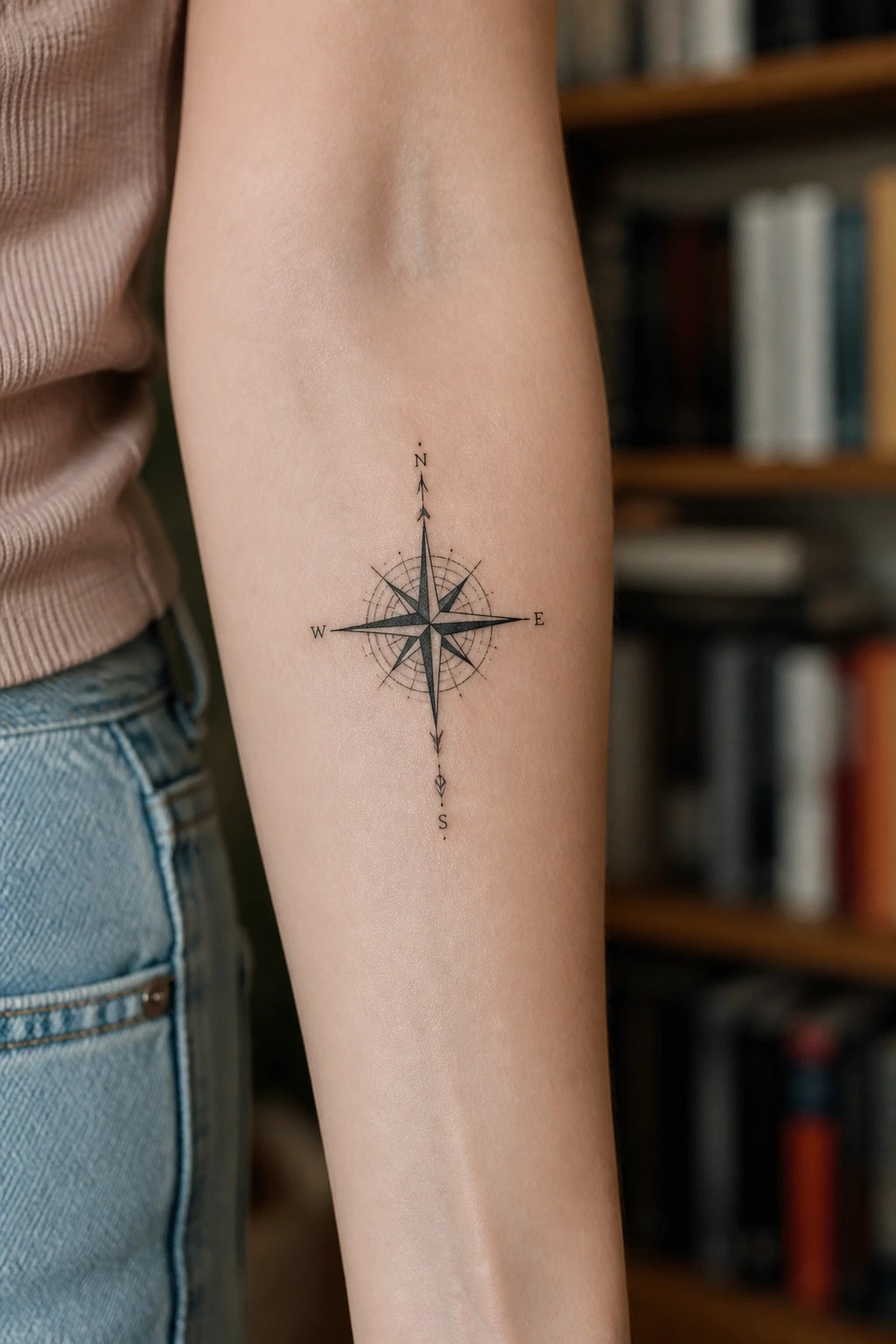 Compass tattoo on forearm with pink sweater and blue jeans visible