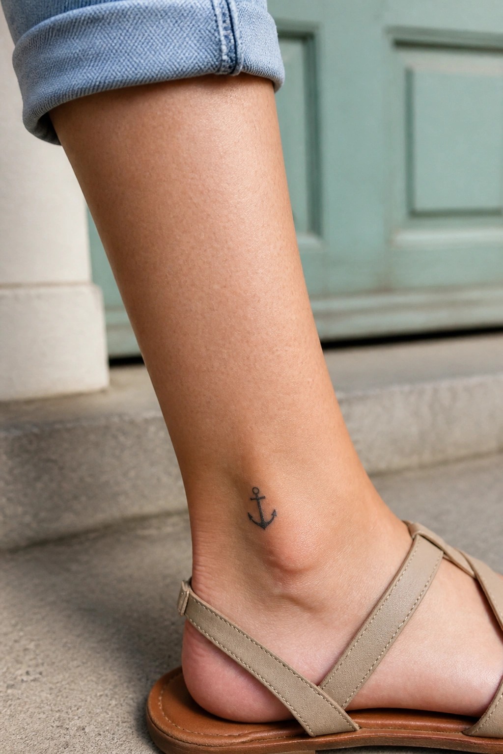 Ankle with small black anchor tattoo, cuffed blue jeans, beige strappy sandal.
