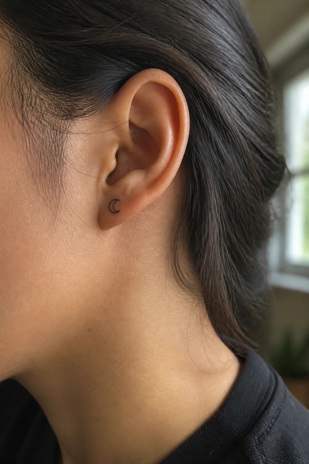 Close-up of ear with small crescent moon tattoo, dark hair, black top.