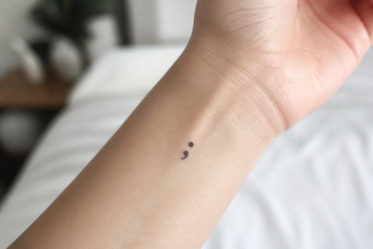 24 Unique Symbol Tattoo Ideas That Add Meaning Without Large Designs Small black semicolon tattoo on inner wrist of light-skinned arm.