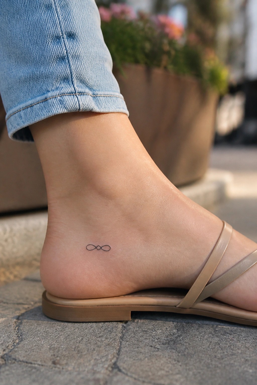 Small black infinity symbol tattoo on the outer ankle above a beige sandal, with cuffed jeans visible in the background.