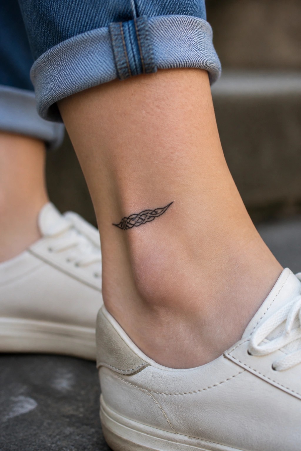 Small black knotwork tattoo on the ankle above a white sneaker with rolled jeans.