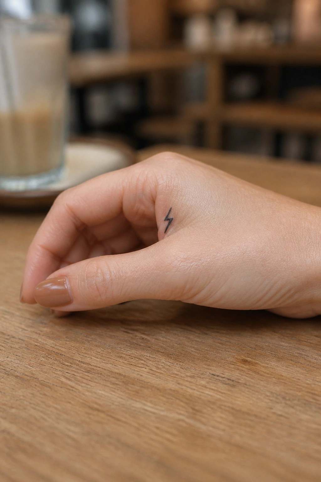 Small black lightning bolt tattoo on the side of a finger resting on a wooden table