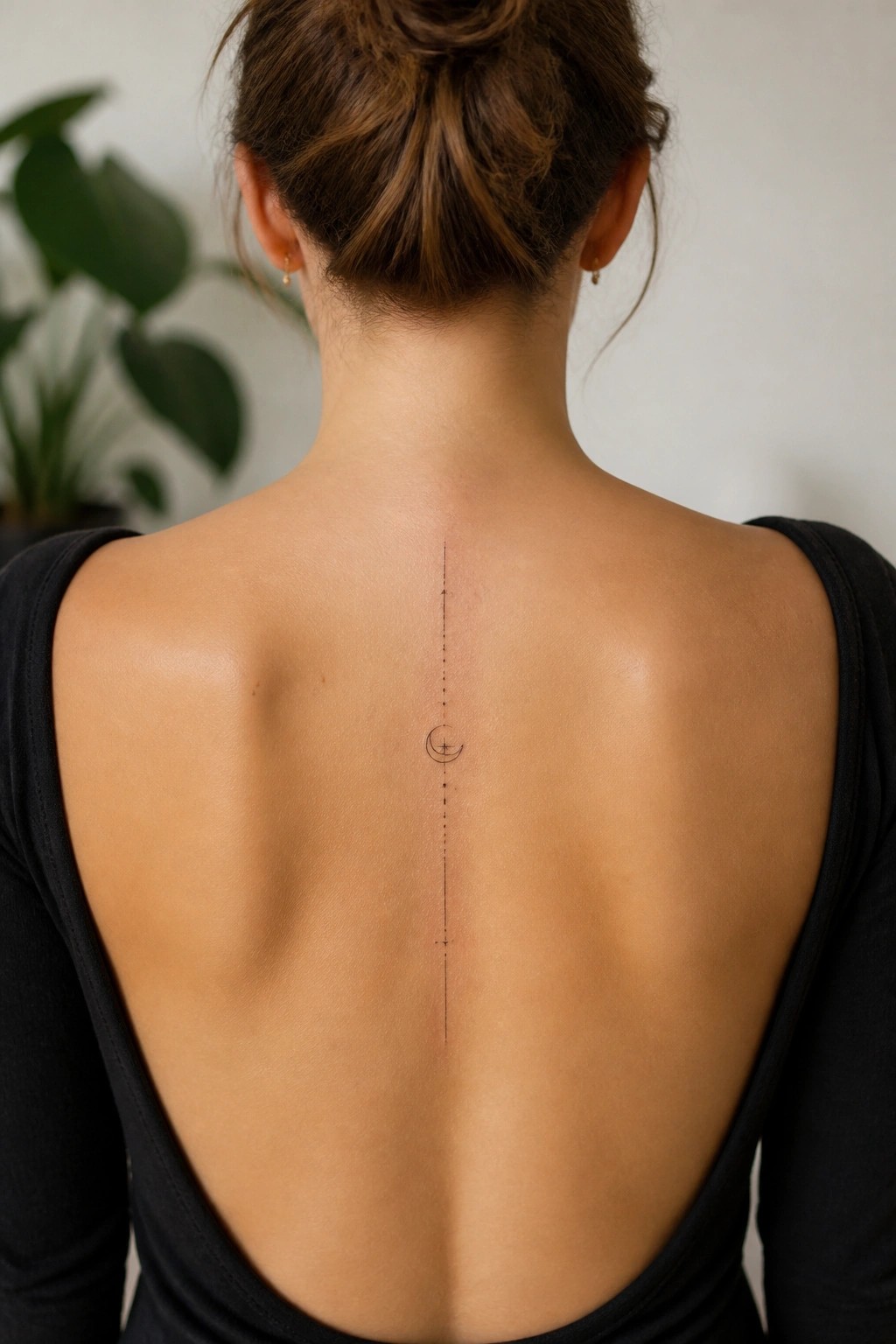 Brunette woman in black top shows spine tattoo with crescent moon and dots