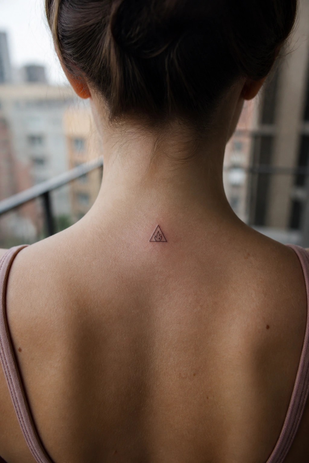 Woman's neck with small flame triangle tattoo, hair in bun, pink tank top straps, blurred buildings
