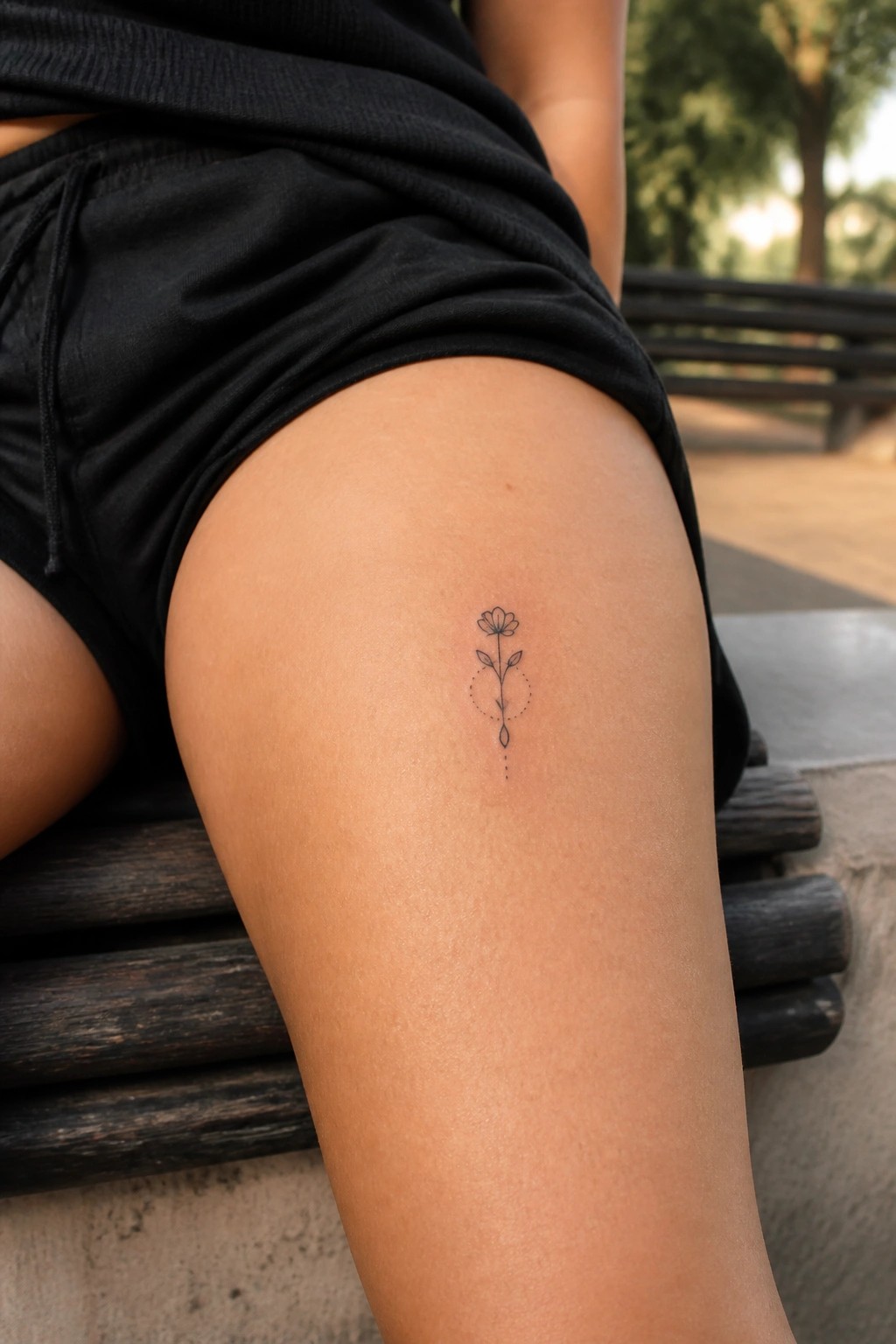 Minimalist line art flower tattoo with dotted accents on the upper thigh