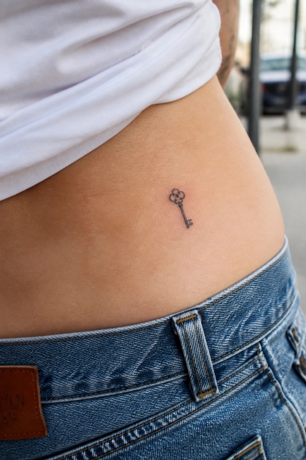 Tiny key tattoo with clover on midriff above blue jeans and white top