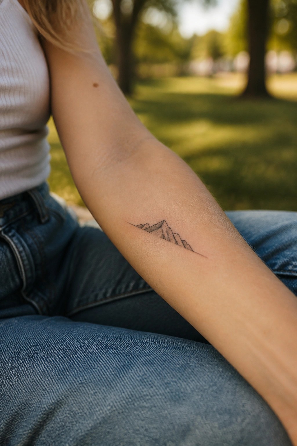 Minimalist black ink mountain range tattoo on the inner forearm