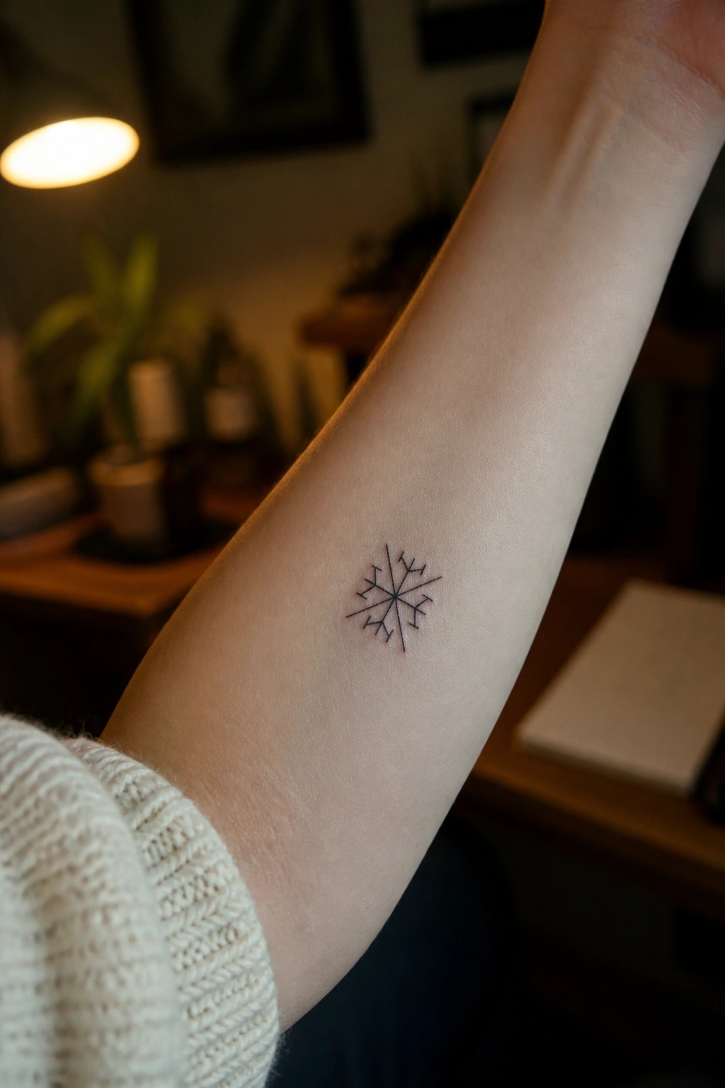 White sweater sleeve on arm with small black snowflake tattoo