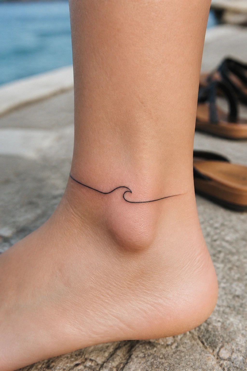 Small black line tattoo of a single wave on the outside of an ankle