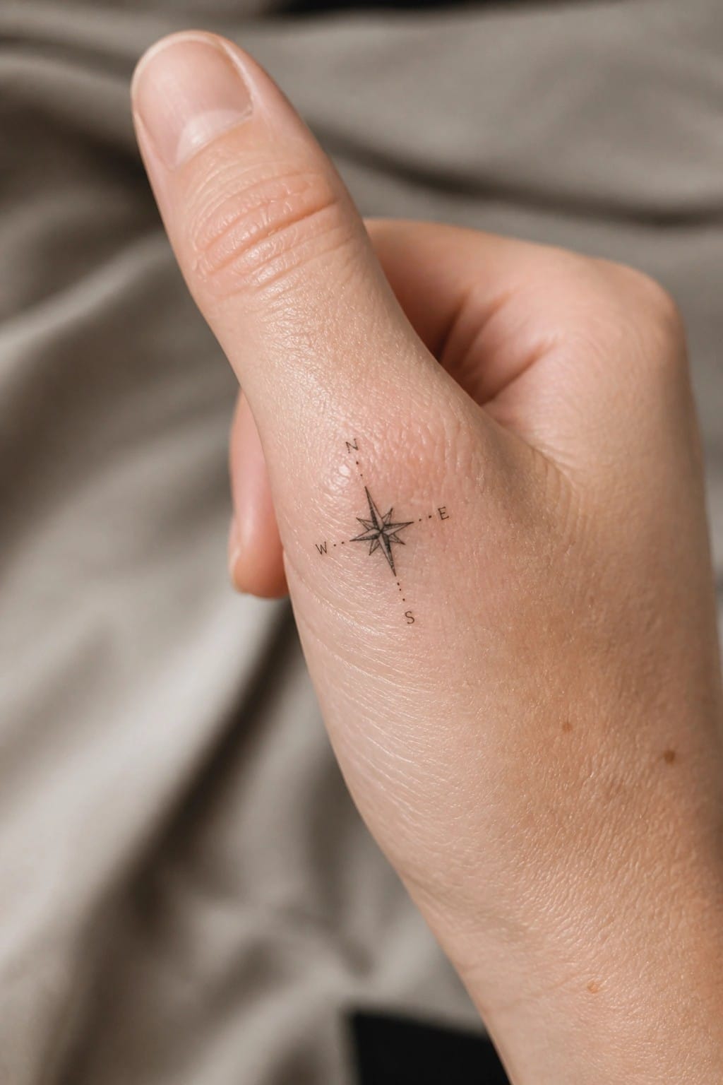 Small fine line compass rose tattoo on the side of a hand showing N S E W directions