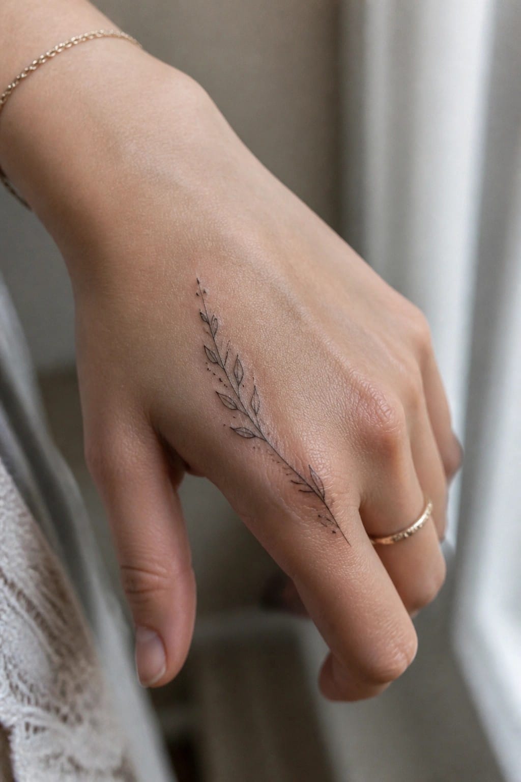 Hand with fine-line leafy branch tattoo, gold bracelet and ring.