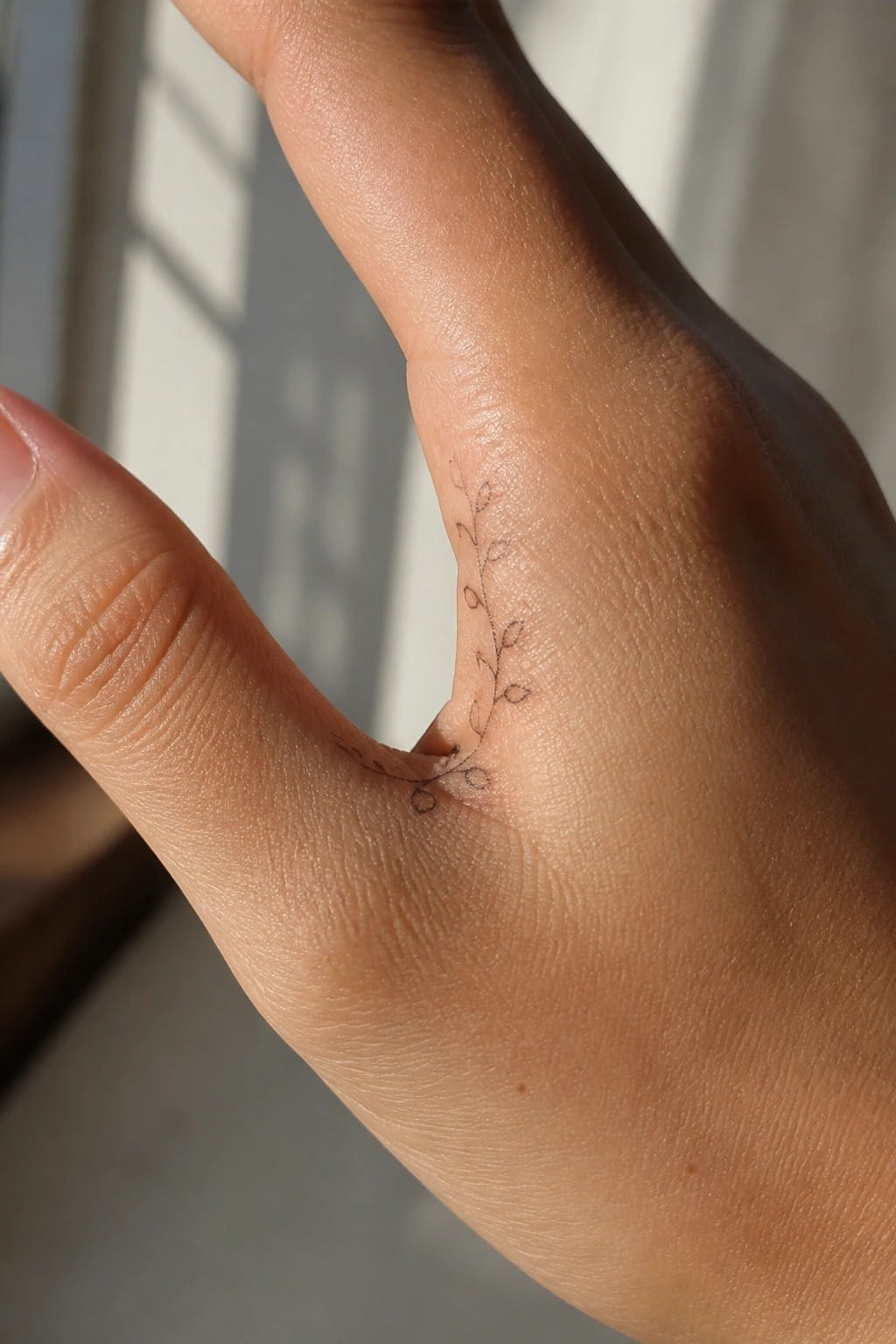 Hand with delicate black vine tattoo curving along thumb and index finger.