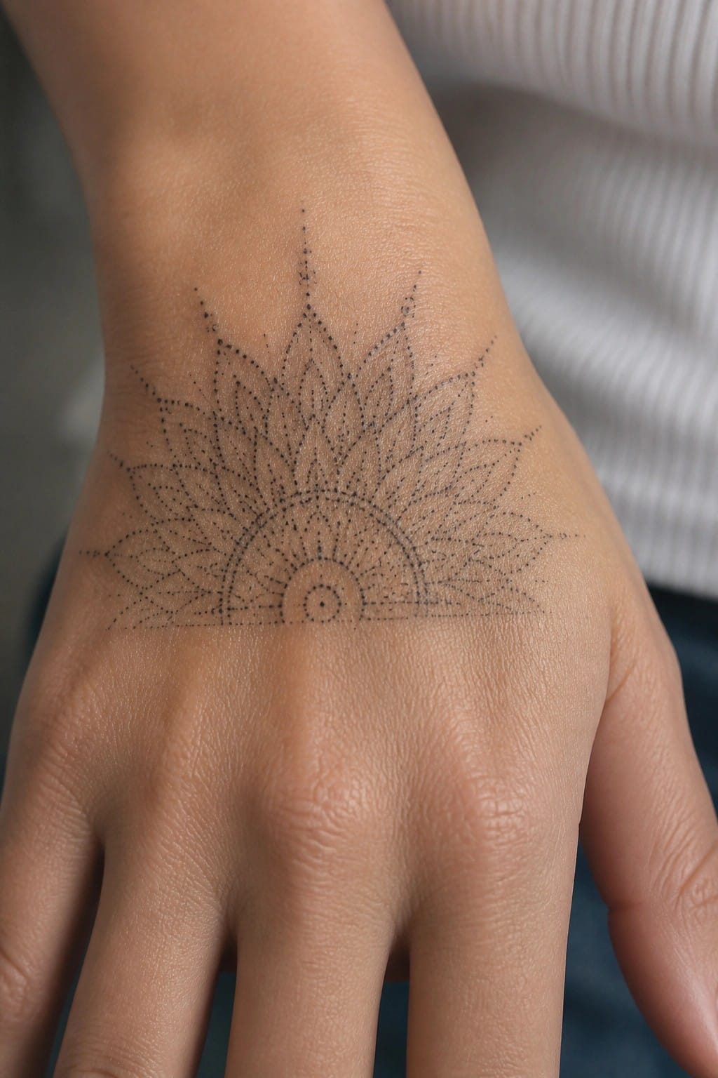 Hand with black dotwork sun mandala tattoo, white ribbed sleeve visible.