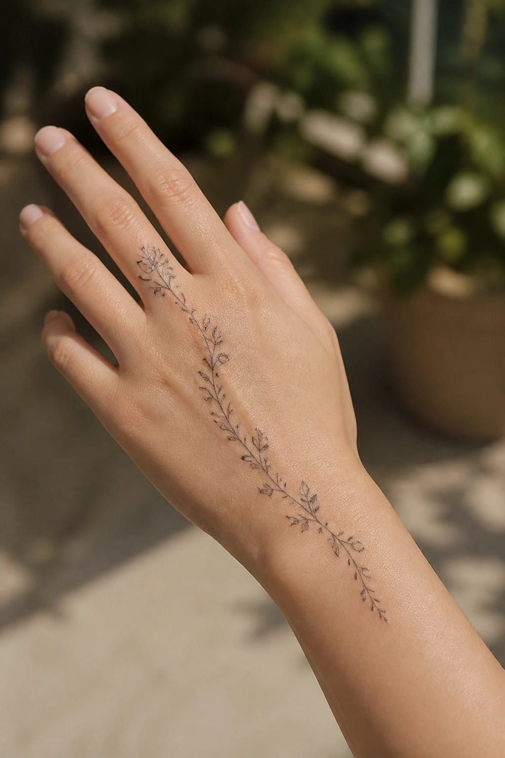 Hand with delicate black floral vine tattoo from finger to wrist.