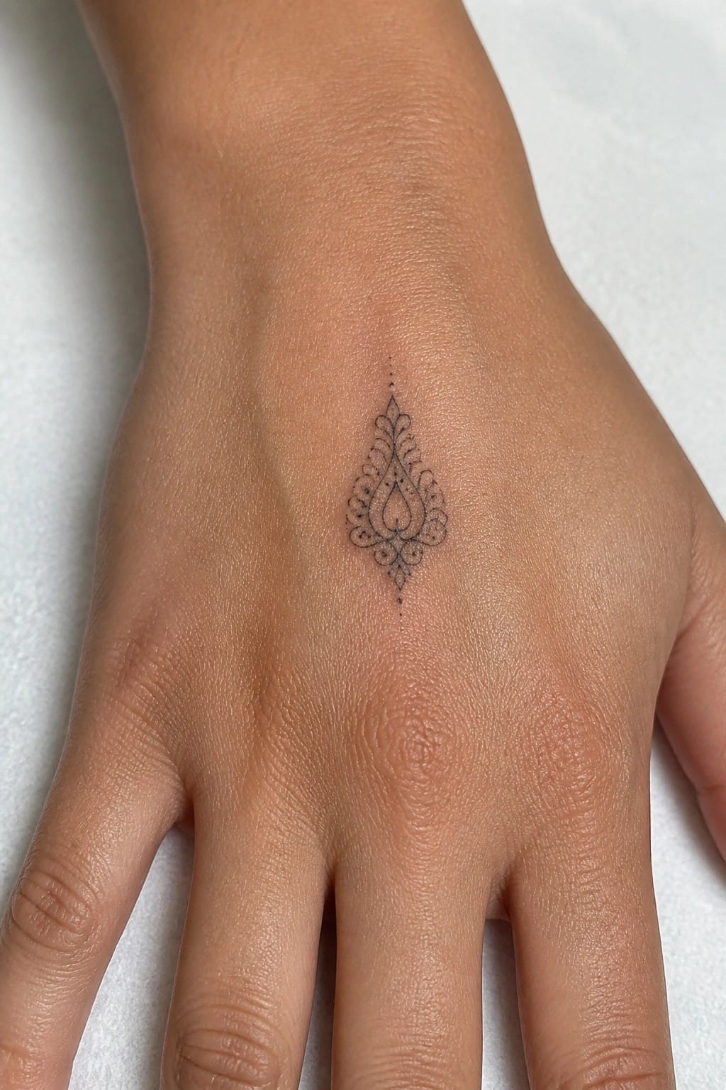 A small black fine line ornamental tattoo on the back of a woman's hand, featuring a teardrop shape with intricate details.