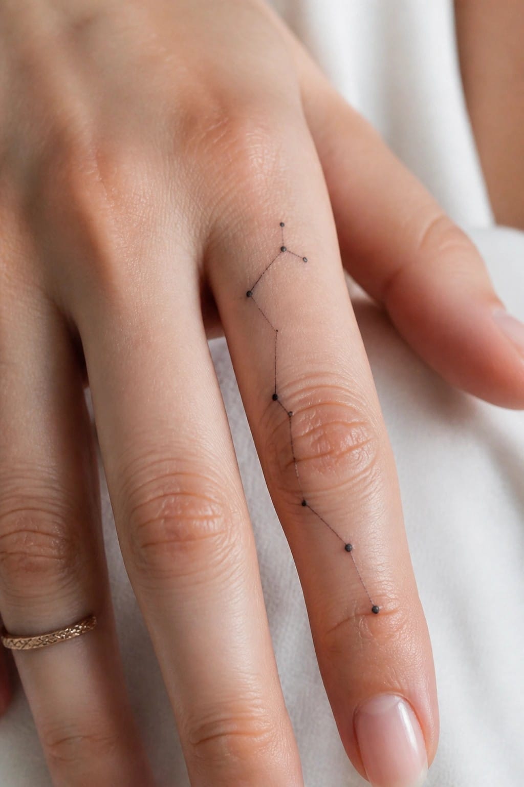 Fingers with black constellation tattoo and thin gold ring on adjacent digit.
