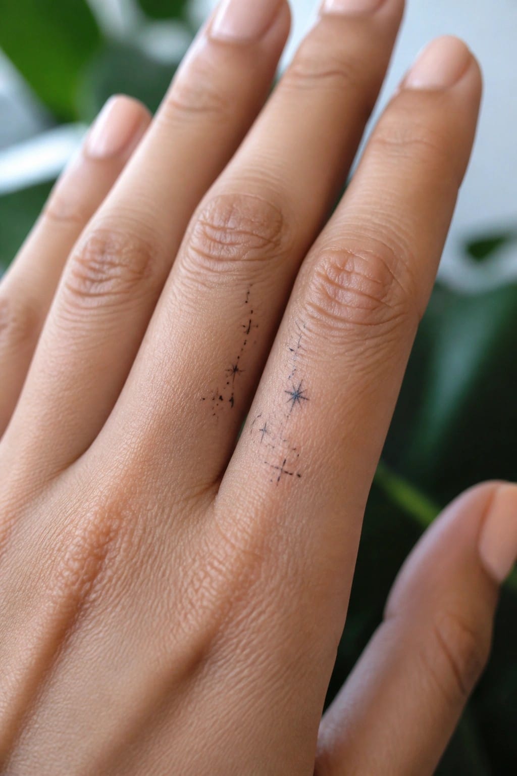 Fingers with delicate black star constellation tattoos and light pink manicured nails