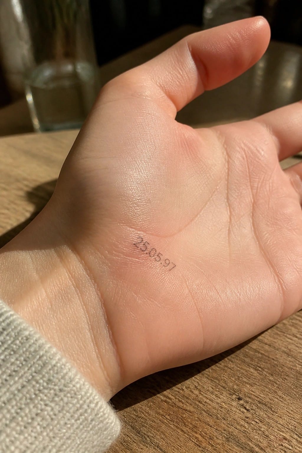 Hand palm up with 25.05.97 tattoo on wooden table near water glass