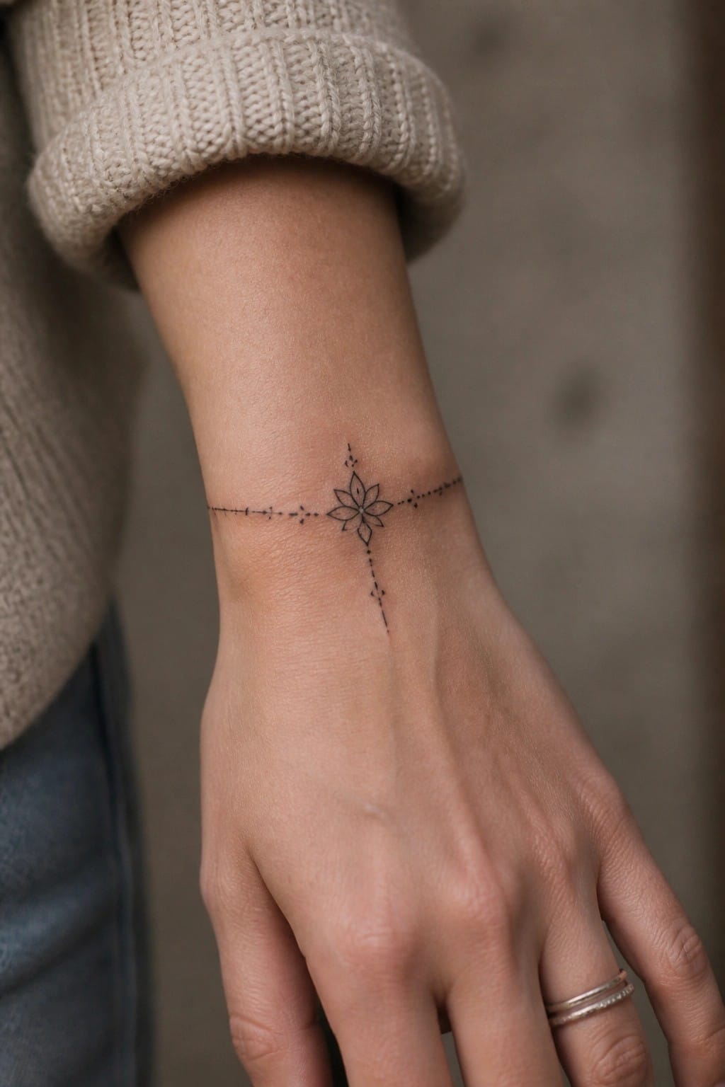 Knitted beige sleeve over wrist with black dotted compass rose tattoo and ring.