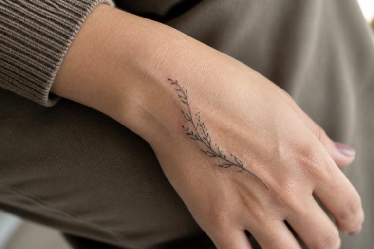 25 Delicate Hand Tattoos for Women That Feel Feminine Without Looking Heavy Hand with fine-line leafy branch tattoo, gold bracelet and ring.