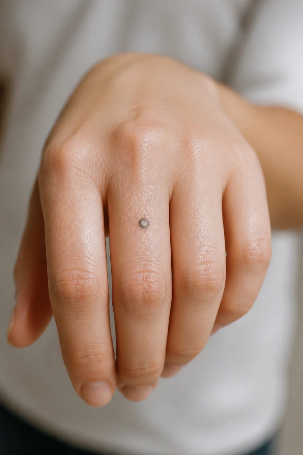Close-up of a light-skinned hand with a small black circle tattoo on the ring finger.